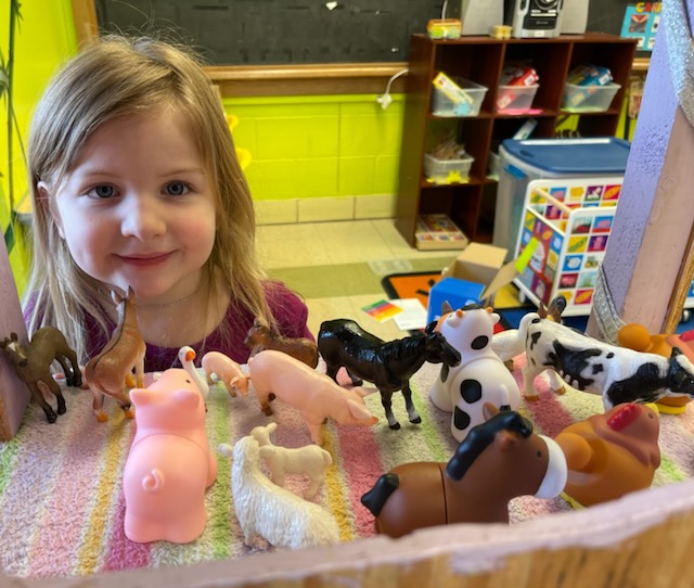 Girl plays with animal toys