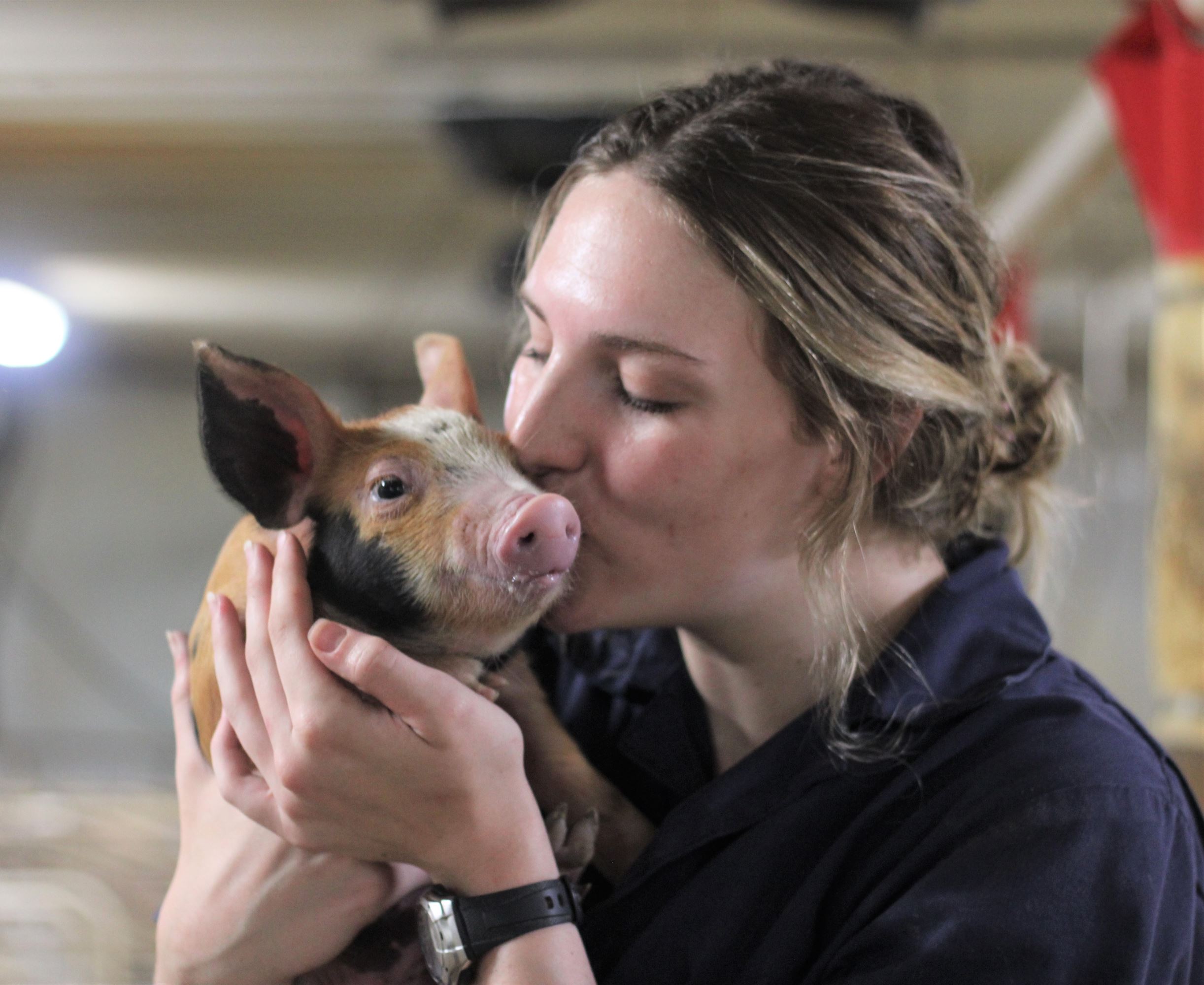 Lauren holds and kisses a baby pig.