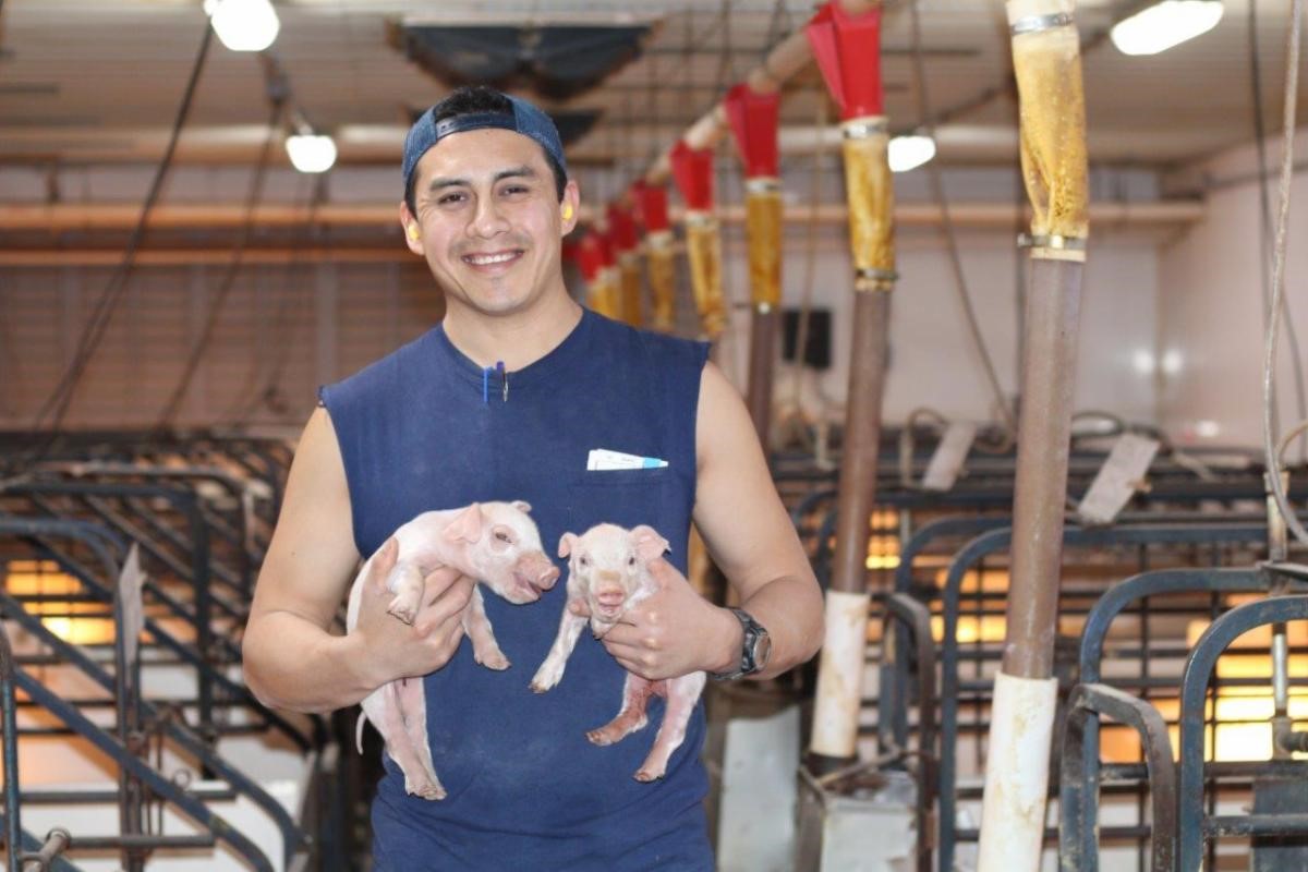 Rogelio holding 2 piglets